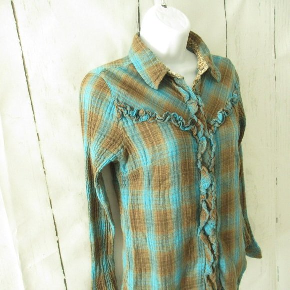 Tasha Polizzi Pearl Snap Top S M Blue Brown Plaid Flannel Long Sleeve Western - Picture 3 of 5